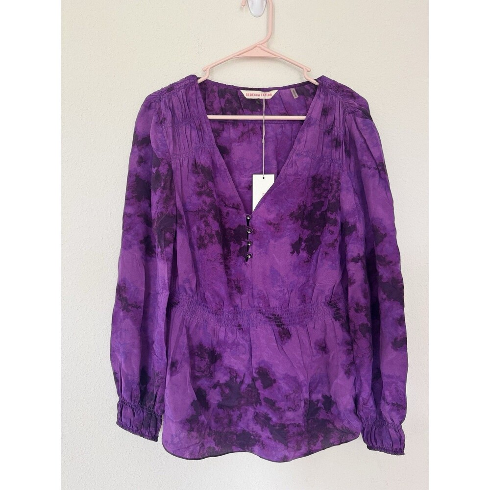 Rebecca Taylor 100% Silk Tunic Smock Waist V-Neck Peasant Top Boho Size 10 NWT